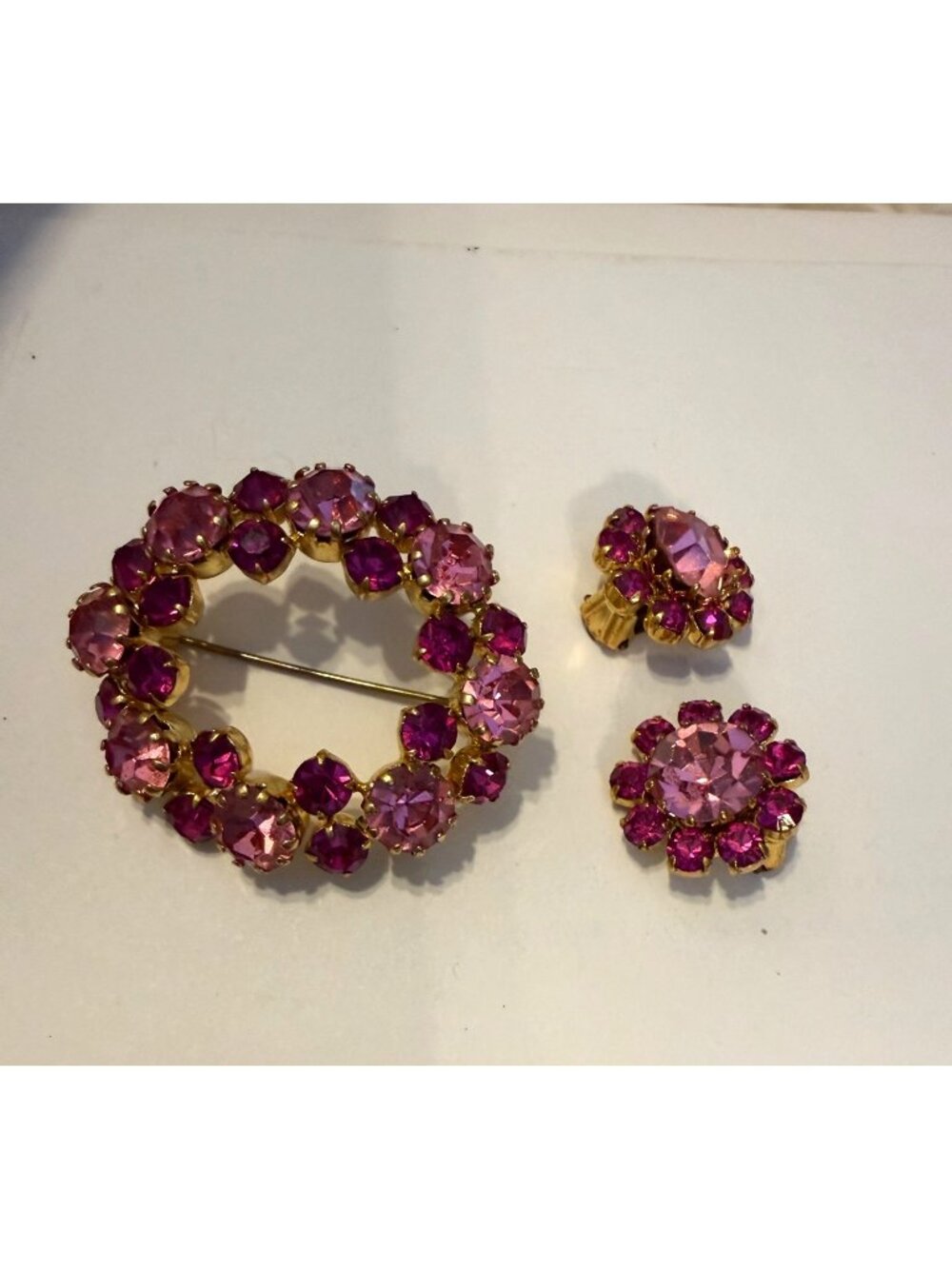 Vintage 1950s Made in Austria Purple Rhinestone Brooch & Clip-On Earrings Demi P